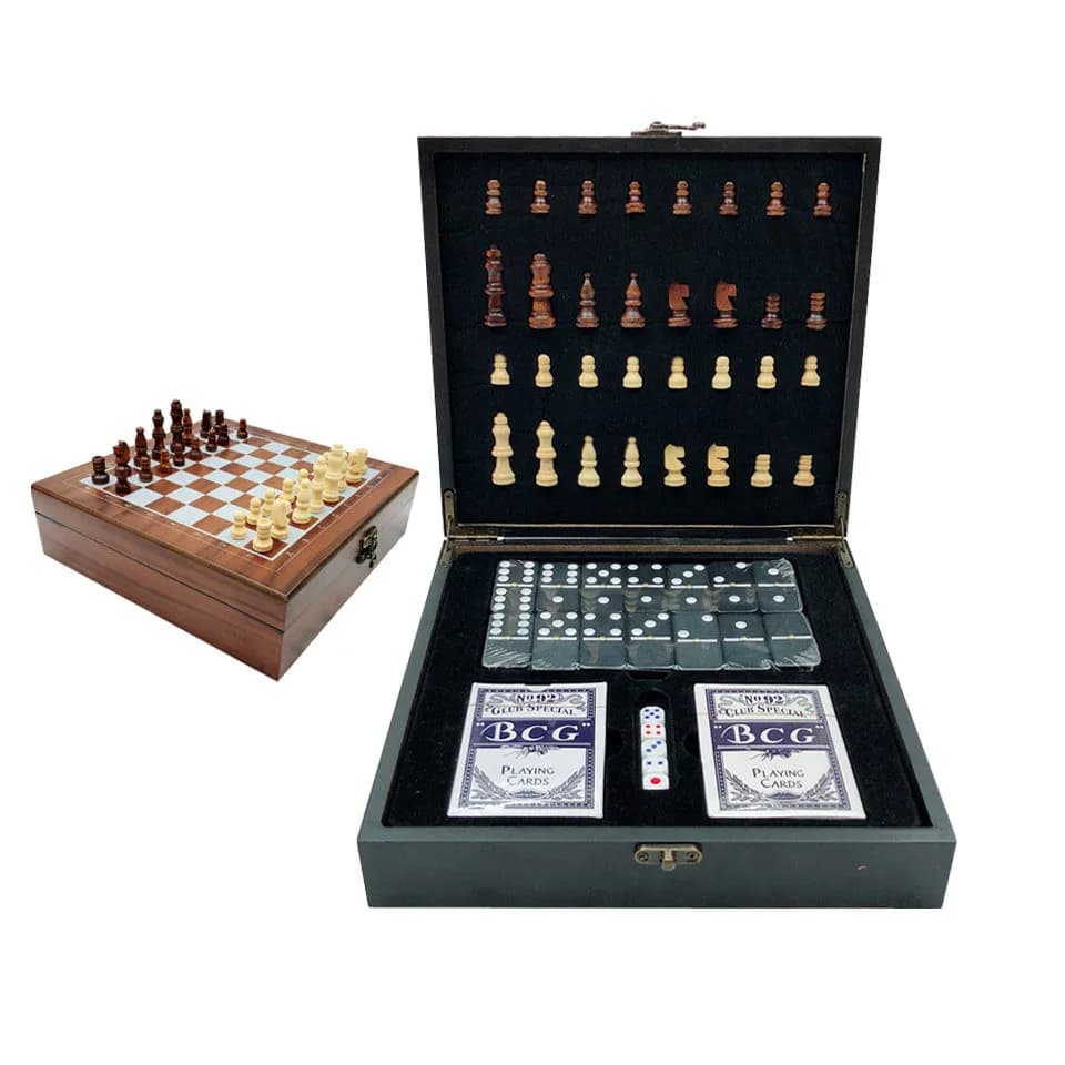 Set di scacchi in legno da intaglio 4 in 1, gioco di scacchi portatile, gioco da tavolo per scacchi con dadi di domino da poker, pezzi degli scacchi in legno