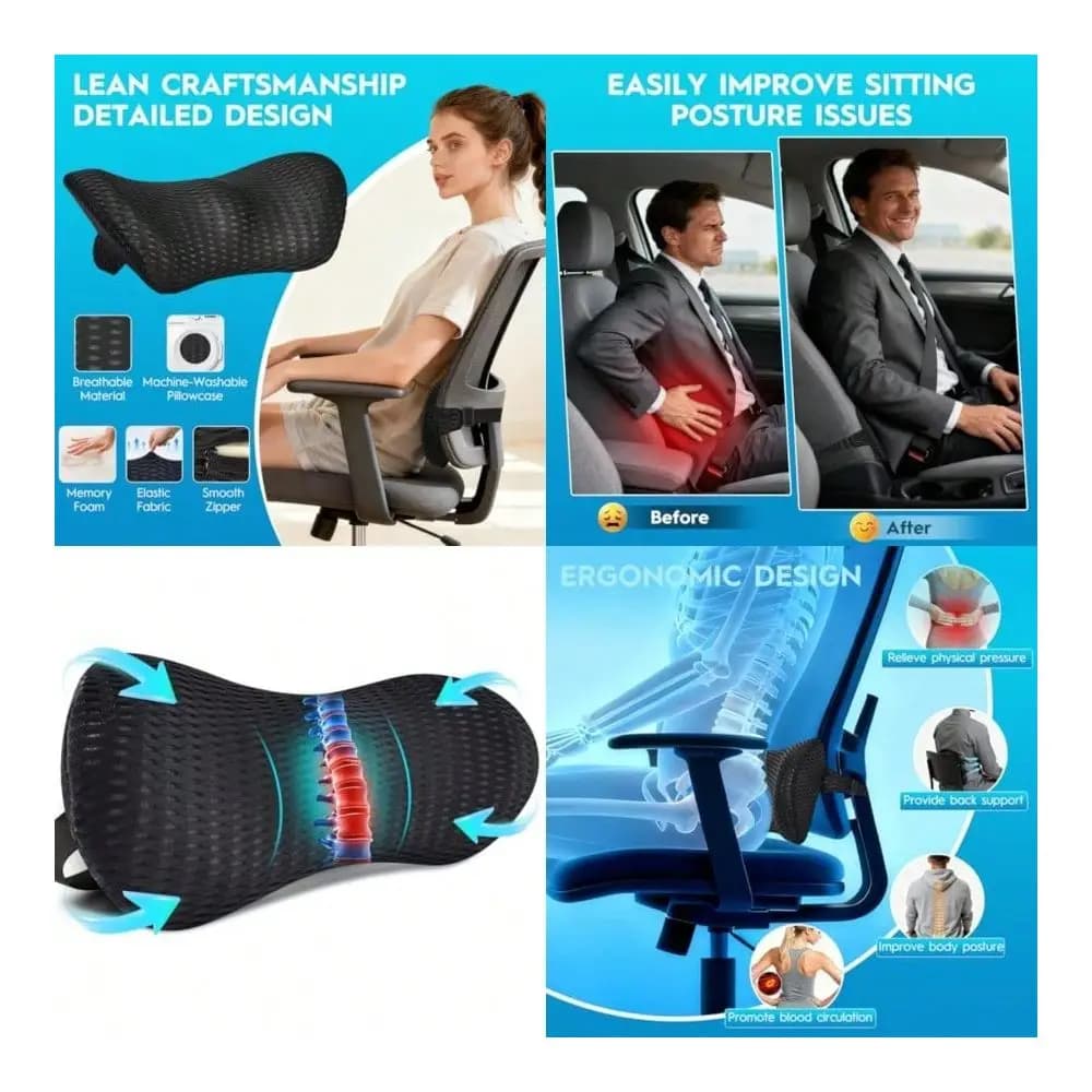 Cuscino di supporto lombare per sedia da ufficio, cuscino in memory foam per alleviare il dolore alla parte bassa della schiena, regalo per sedile auto