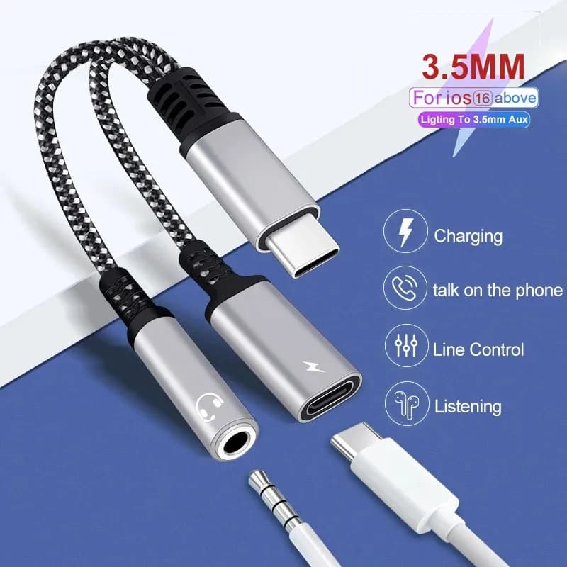 Adattatore per cuffie e caricabatterie PD da 60 W USB tipo C a 3,5 mm Cavo dongle jack audio da USB C a AUX 2 in 1 per Samsung veloce 13 cm