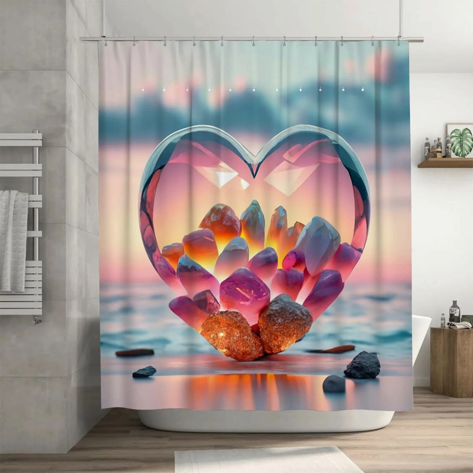Tenda da doccia a forma di cuore in cristallo 3D | Decorazione da bagno romantica al tramonto sulla spiaggia