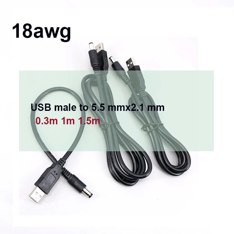 18awg USB male to 5.5 mm/2.1 mm 5 Volt DC male Barrel Jack Power charge Cable 0.75m2 30cm 1m 1.5m 3ft plug USB connector W28