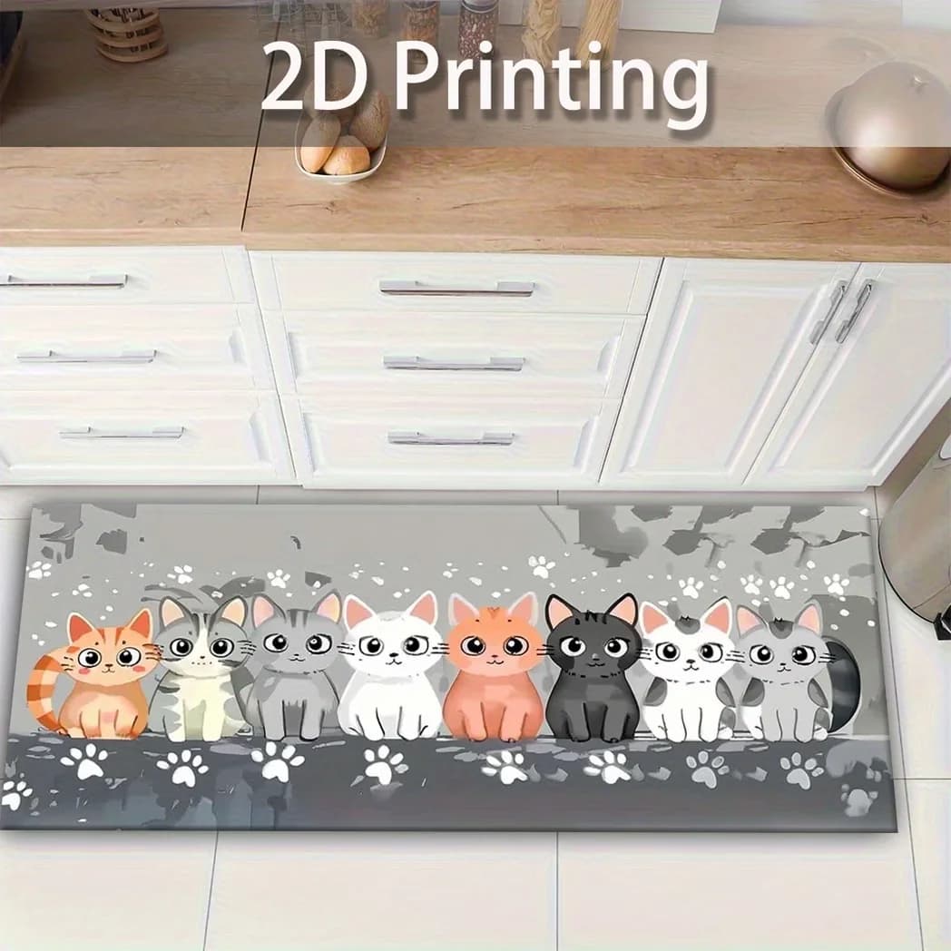 Kitchen mat with cute cartoon cat, anti-slip washable mat with kitten paws print, for hallway, entrance, home decoration