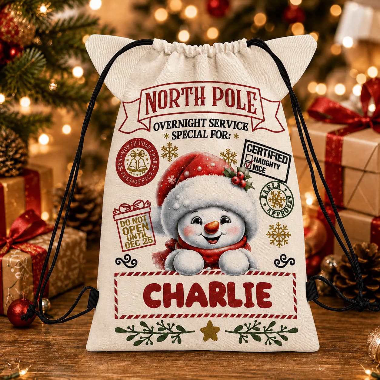 Personalized Custom Name Christmas Santa Sack Drawstring Backpack Cute Snowman Gift Bag Xmas Kids Present Storage Pouch