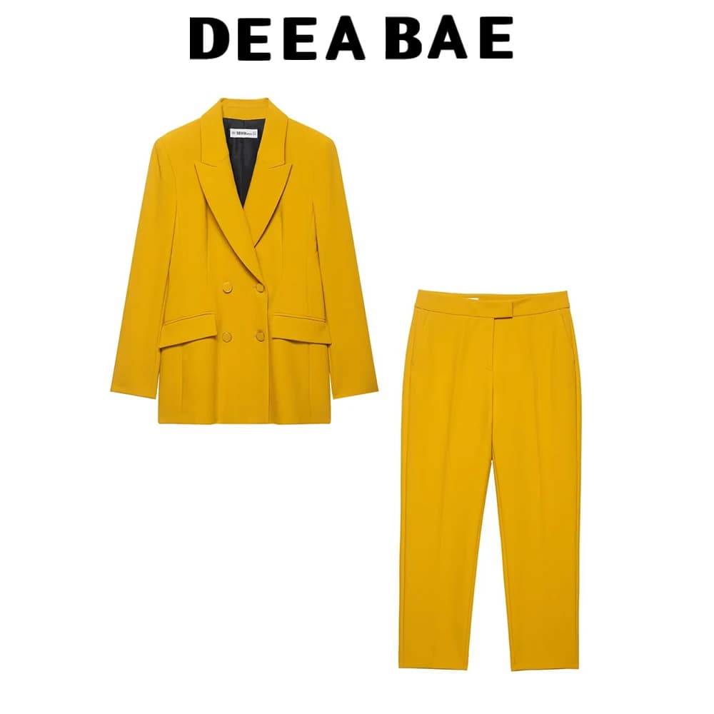 DEEABAE Long sleeve dress with collar and shoulder straps, double-breasted jacket with buttons, slim fit high waist trousers set
