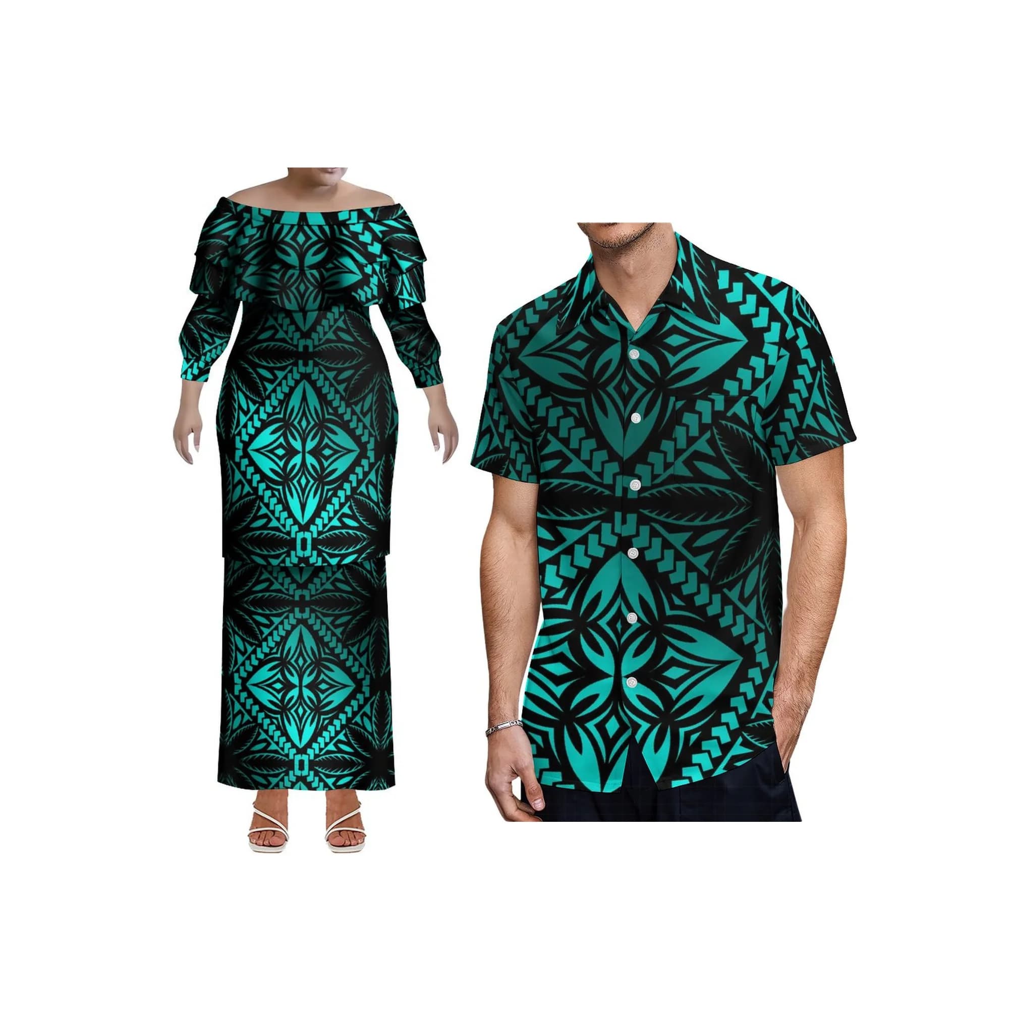 New Factory Wholesale Custom Samoa Puletasi Dress Big Size Women Long Sleeve One Shoulder Double Layered Frill Dress 2 Piece Set