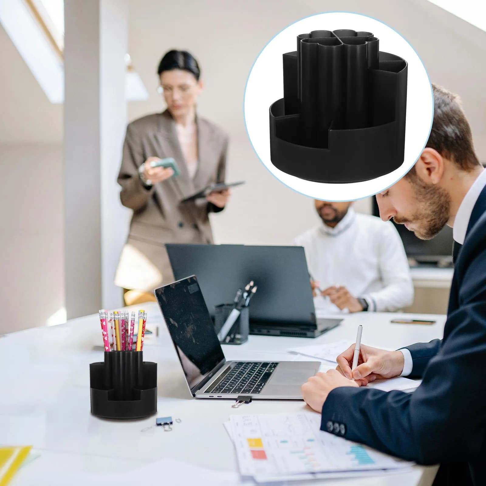 Organizzatore da Scrivania Girevole a 360 Gradi, Portapenne per Ufficio, Scuola e Casa, Nero, Compatto, Accessori per Cancelleria da Scrivania