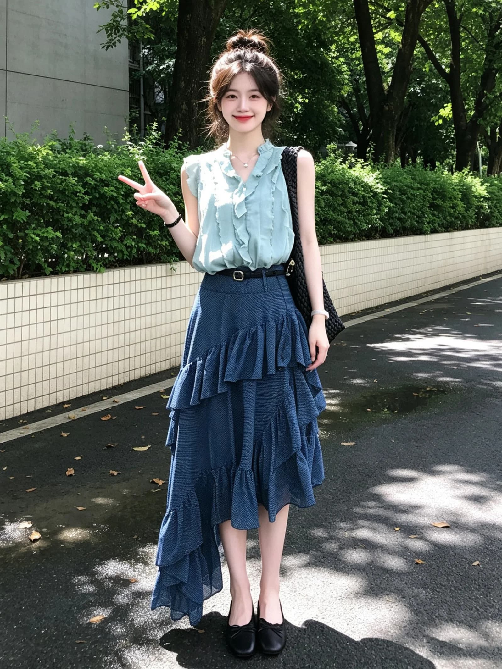 Summer Gentle Wind V-Neck Sleeveless Floral Print Blouse And Skirt Set Women's Fashion Three-Piece Ensemble Breathable Polyester
