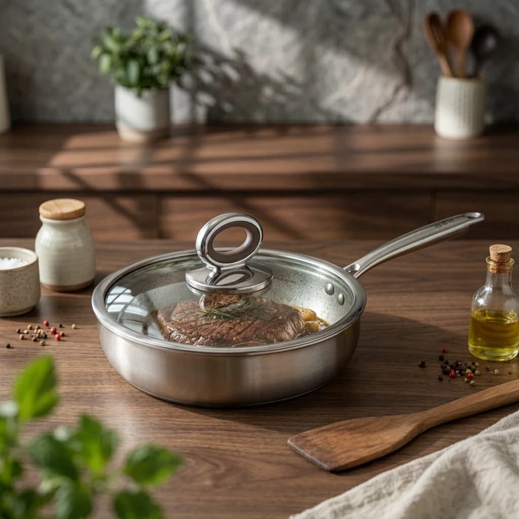 Stainless Steel Skillet with Lid Uncoated Stainless Steel Frying Pan Induction Frying Pan Fluorinewithout Cookware Wide Shallow
