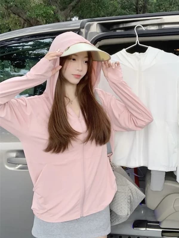 Giacca con cappuccio a maniche lunghe in seta ghiaccio taglie forti da donna, leggera, estiva, protezione solare, top snellente che nasconde le imperfezioni