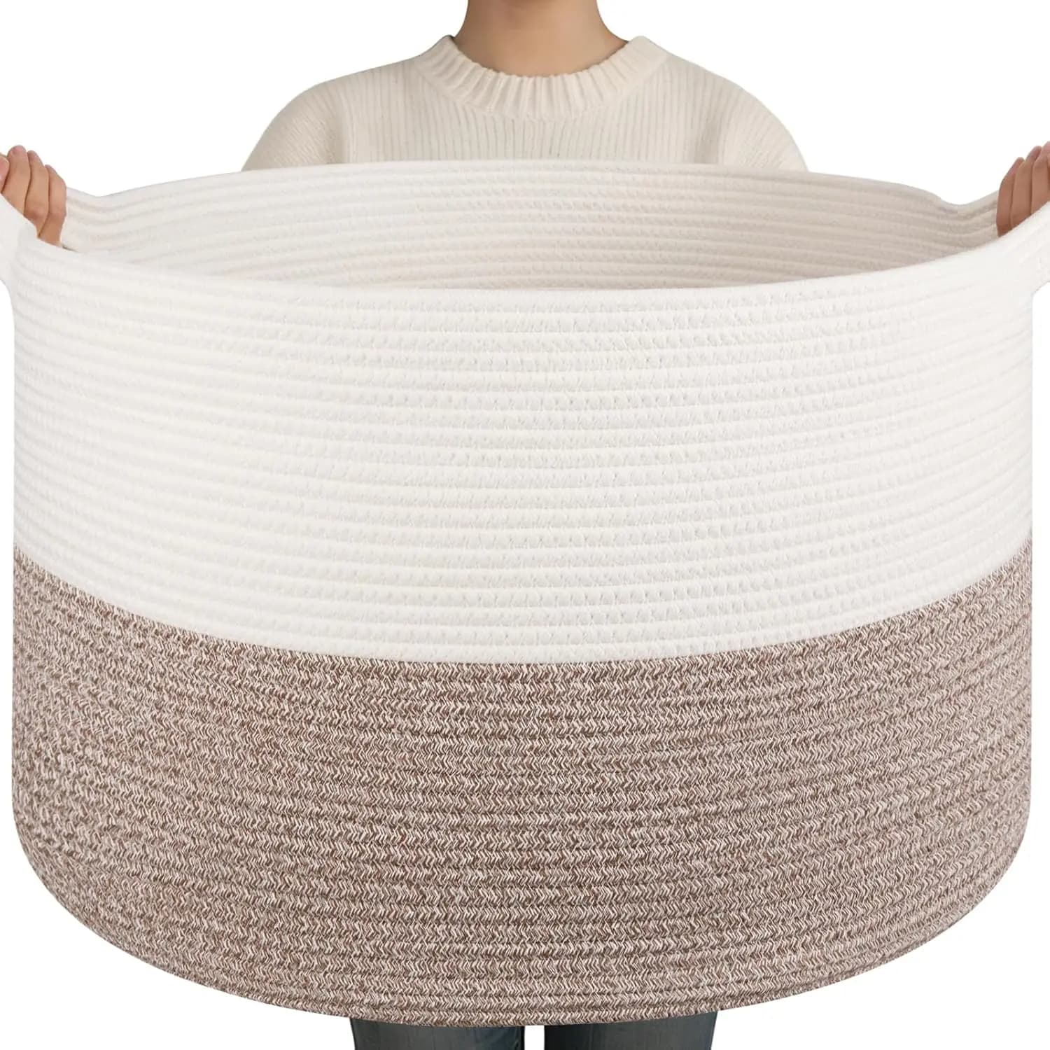 90L Extra Large Woven Cotton Rope Basket for Living Room, 21.7"x13.8" Laundry Hamper, Storage for Blankets, Pillows, Toys, White & Linen Brown