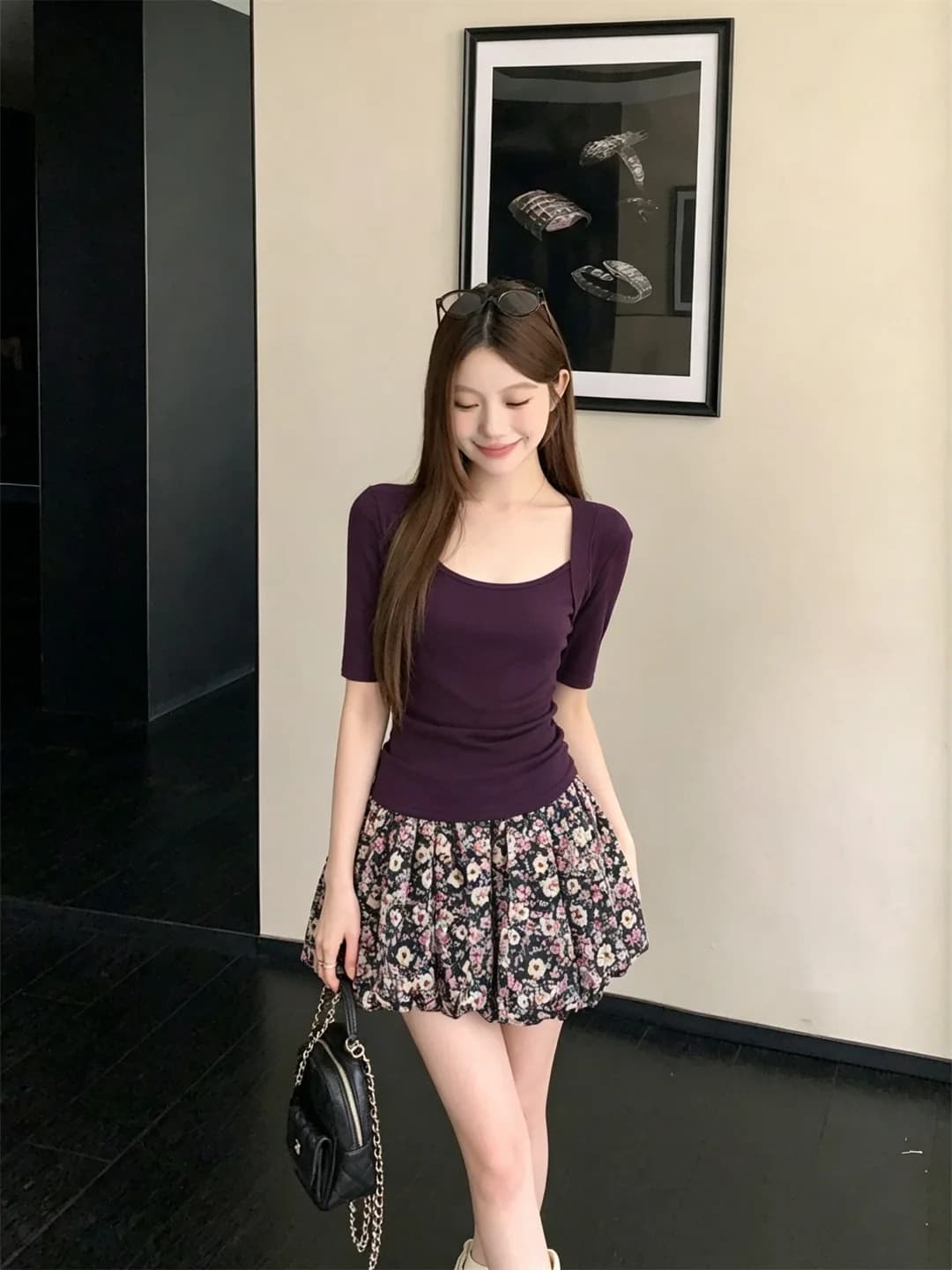 Sweet And Spicy Women's Summer Slim Fit Square Collar Short Sleeve T-Shirt And Skirt Two-Piece Set High Waist Floral Print