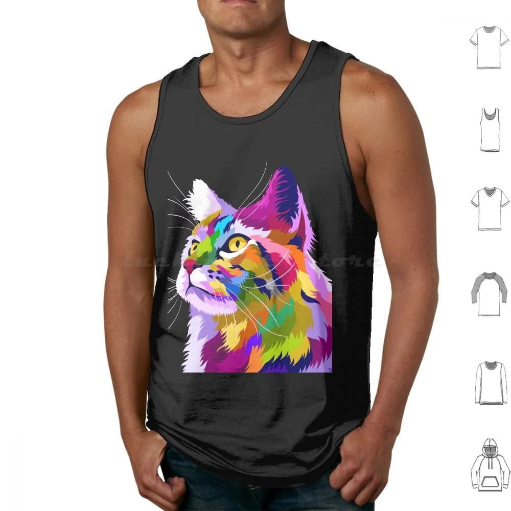 Colorful Cat With Pop Art Style Tank Tops Vest Sleeveless Colorful Cat With Pop Art Style Culture Positive Energy Positivity