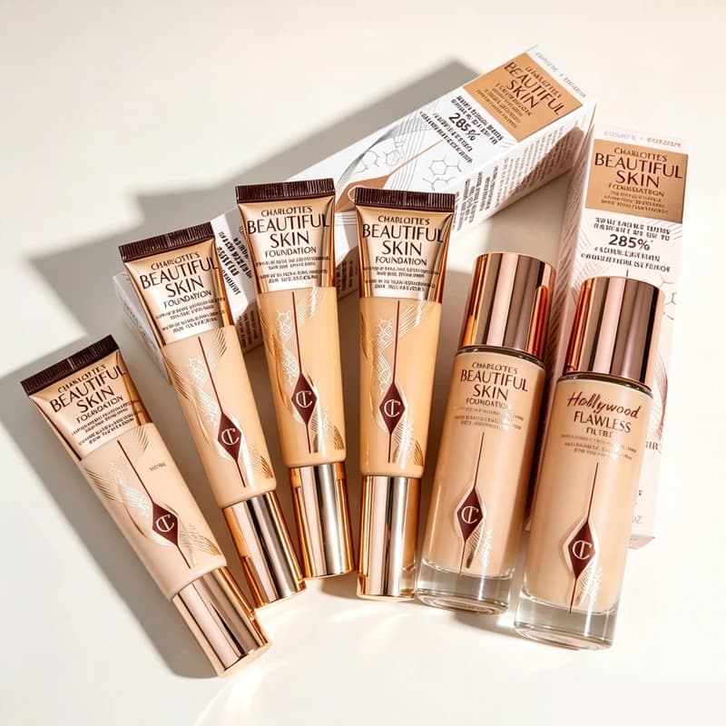 Set Trucco CT: Fondotinta Liquido all'Acido Ialuronico Soft Light Essence, Illuminante Liquido, Rossetto Pillow Talk Medium, Cosmetici