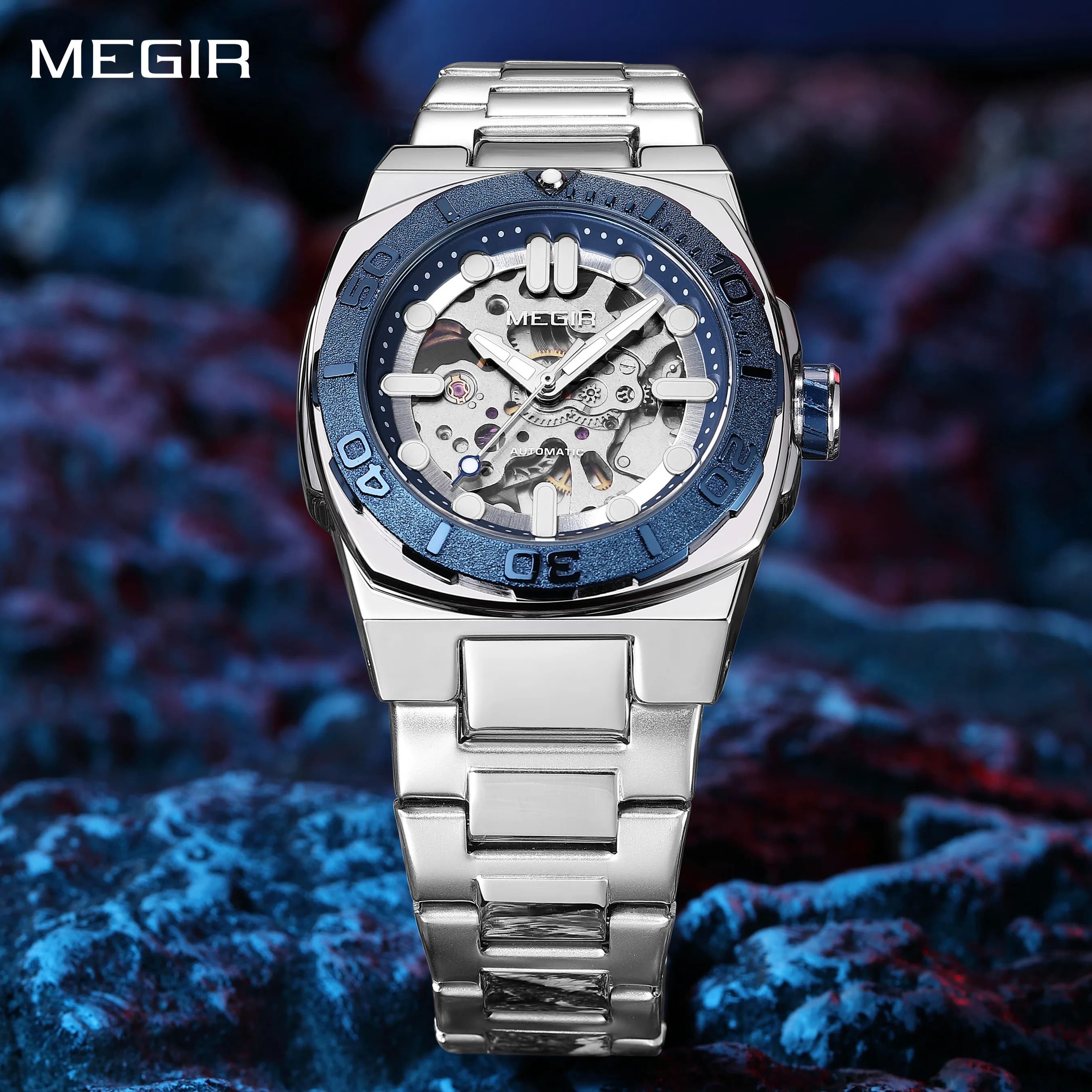 MEGIR Orologio da uomo meccanico automatico Bracciale in acciaio inossidabile Orologi sportivi Orologio da polso luminoso impermeabile Regalo per uomo 8606