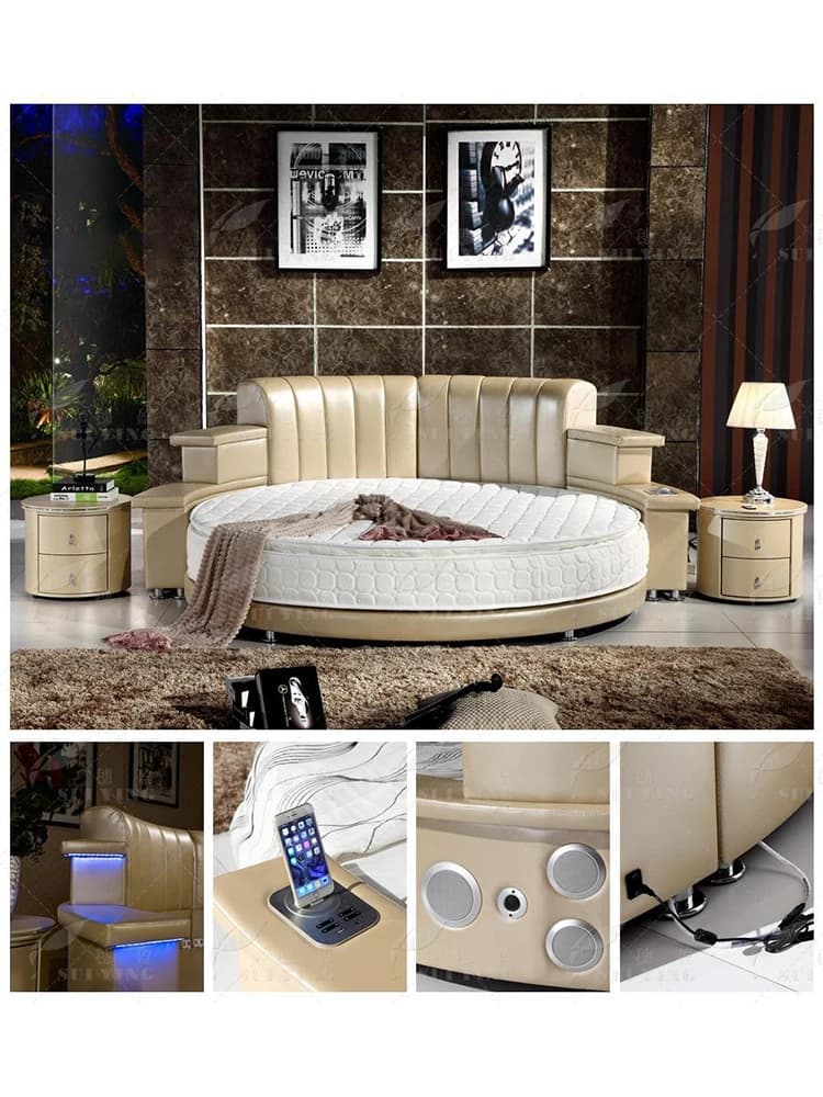 Linlamlim Nordic Genuine Leather multifunctional round Bed Frame with LED Light Bluetooth Speaker iPhone Charge USB Ultimate Bed