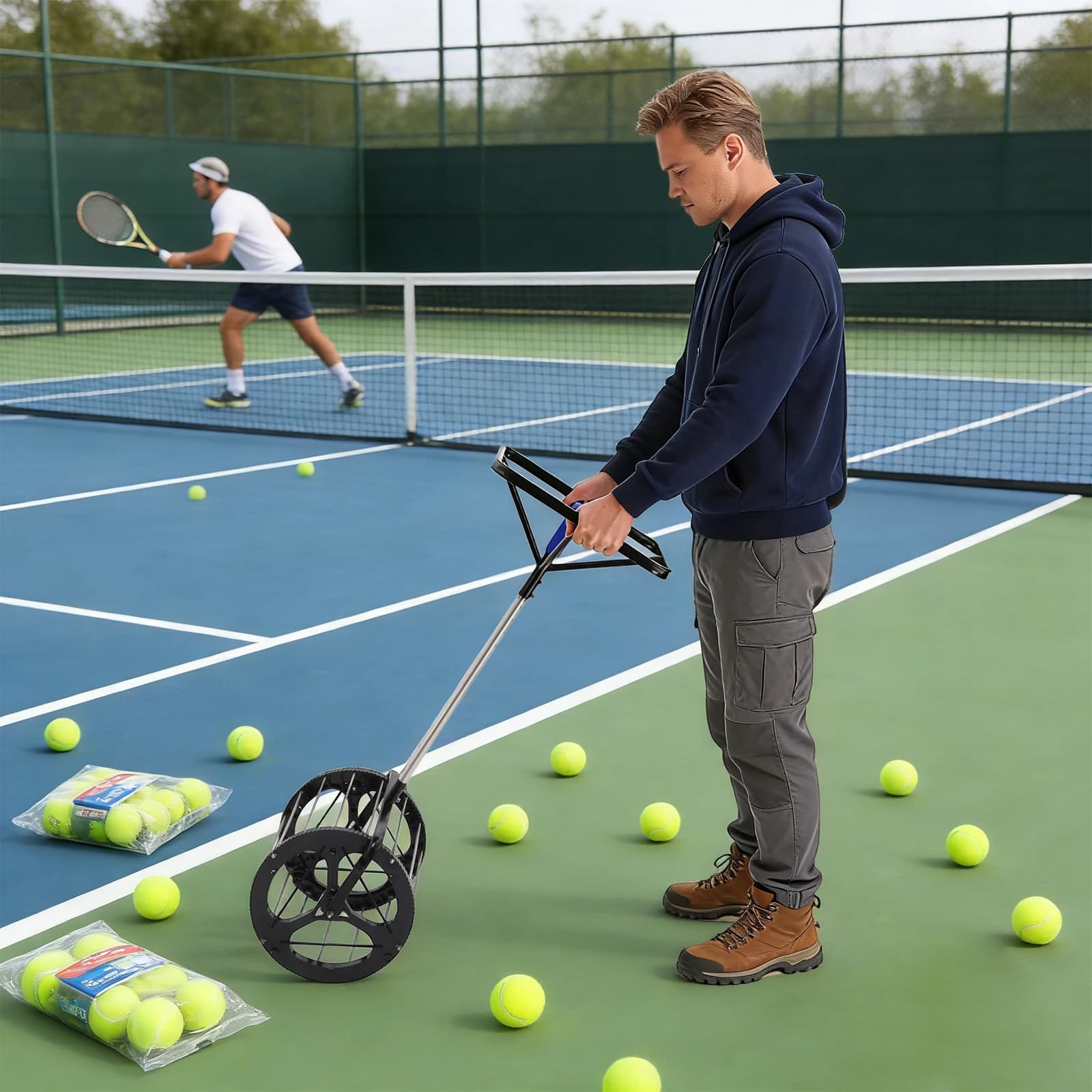 Tennis Ball Automatic Collector Tennis, Tennis Ball Picker Practicing Pickup Container, Adjustable Tennis Ball Picker Upper for Tennis Coaches and Players, Capacity: About 80 Tennis Balls