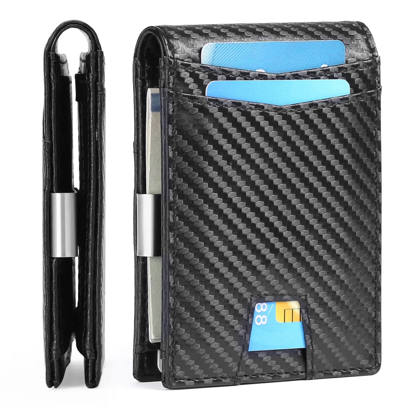 Portafoglio in Fibra di Carbonio per Uomo con Blocco RFID, Porta Carte di Credito e Documenti in Pelle Sintetica, Design Minimalista