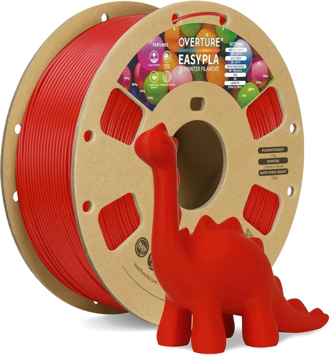 Filamento PLA 1.75mm per Stampante 3D, Bobina in Cartone da 1kg, Precisione Dimensionale +/- 0.02mm, per la Maggior Parte delle Stampanti FDM, Rosso