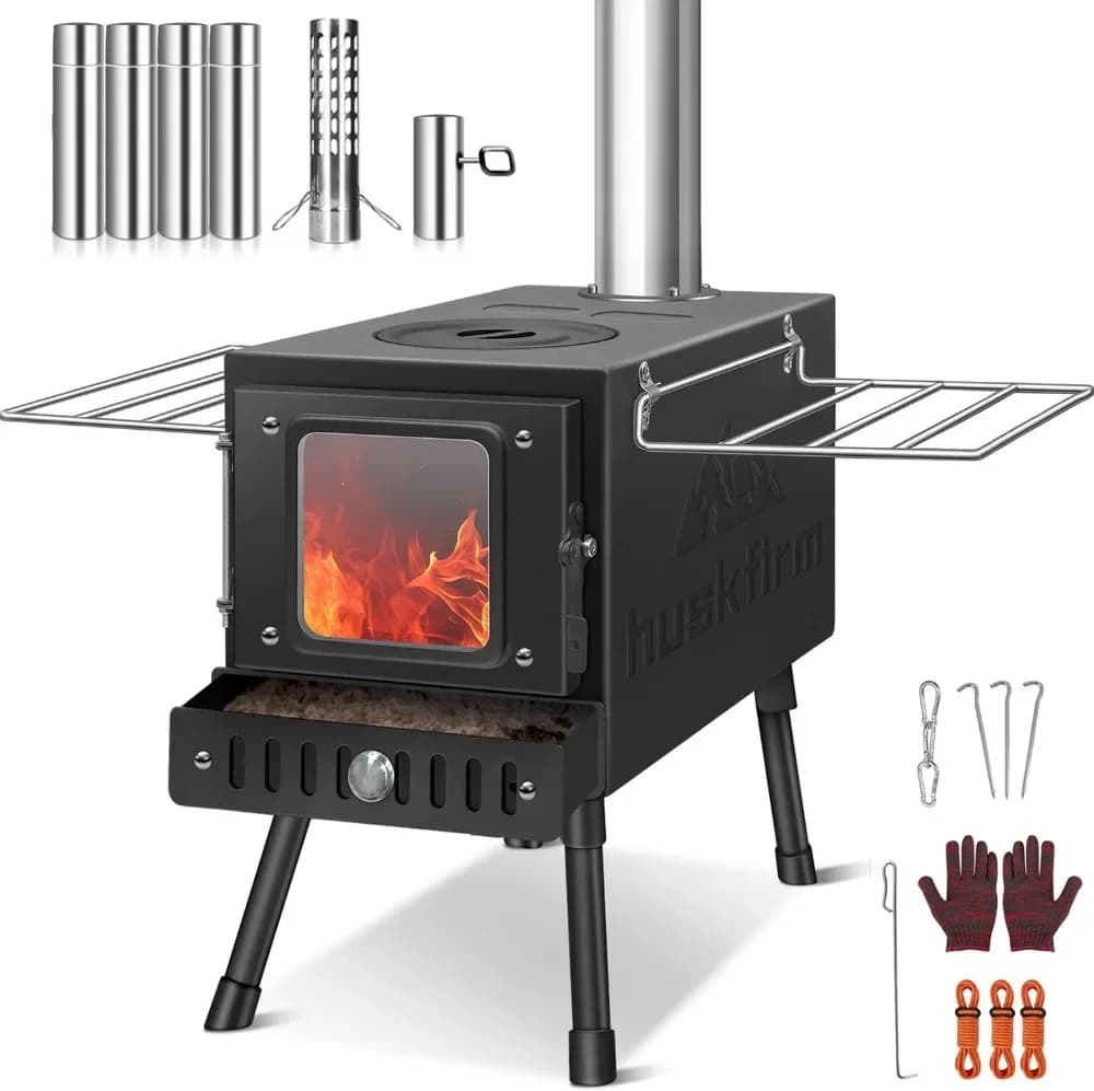 Wood Stove Portable for Heating and Kitchen in Tent, Foldable Camping Stove with Fumaria Canna Hoses