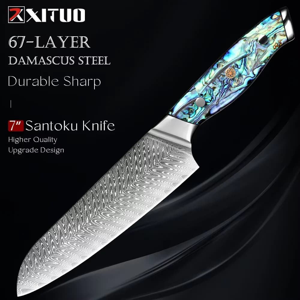 Coltello Santoku giapponese da 7 pollici Coltello da cucina affilato in acciaio damasco VG10 Coltello da chef professionale Coltello per affettare Manico ergonomico