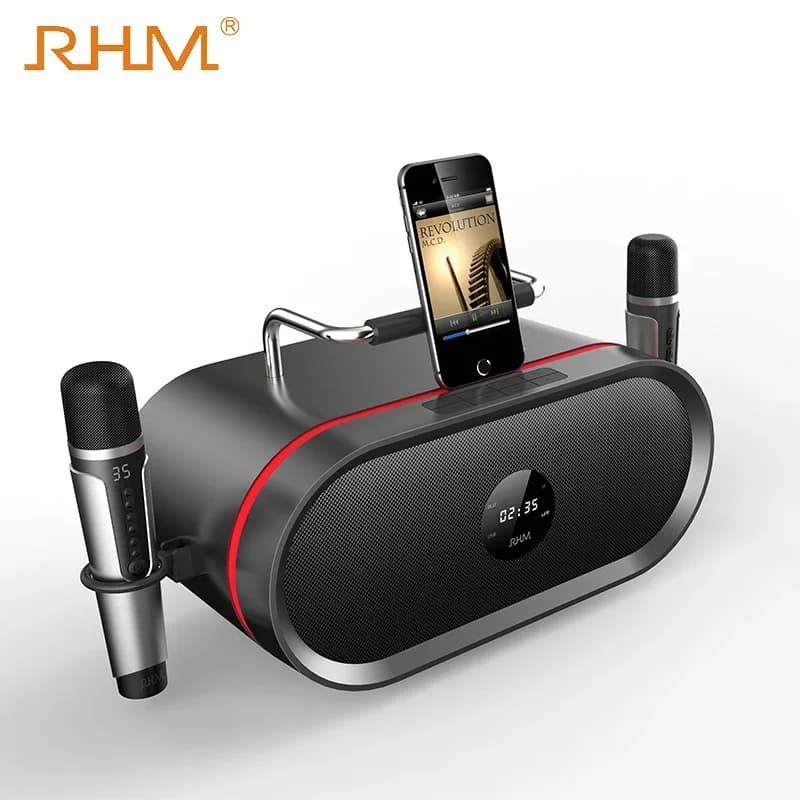 RHM Hot sales portable karaoke party speaker with 2 wireless mic outdoor bass bluetooth hifi speaker