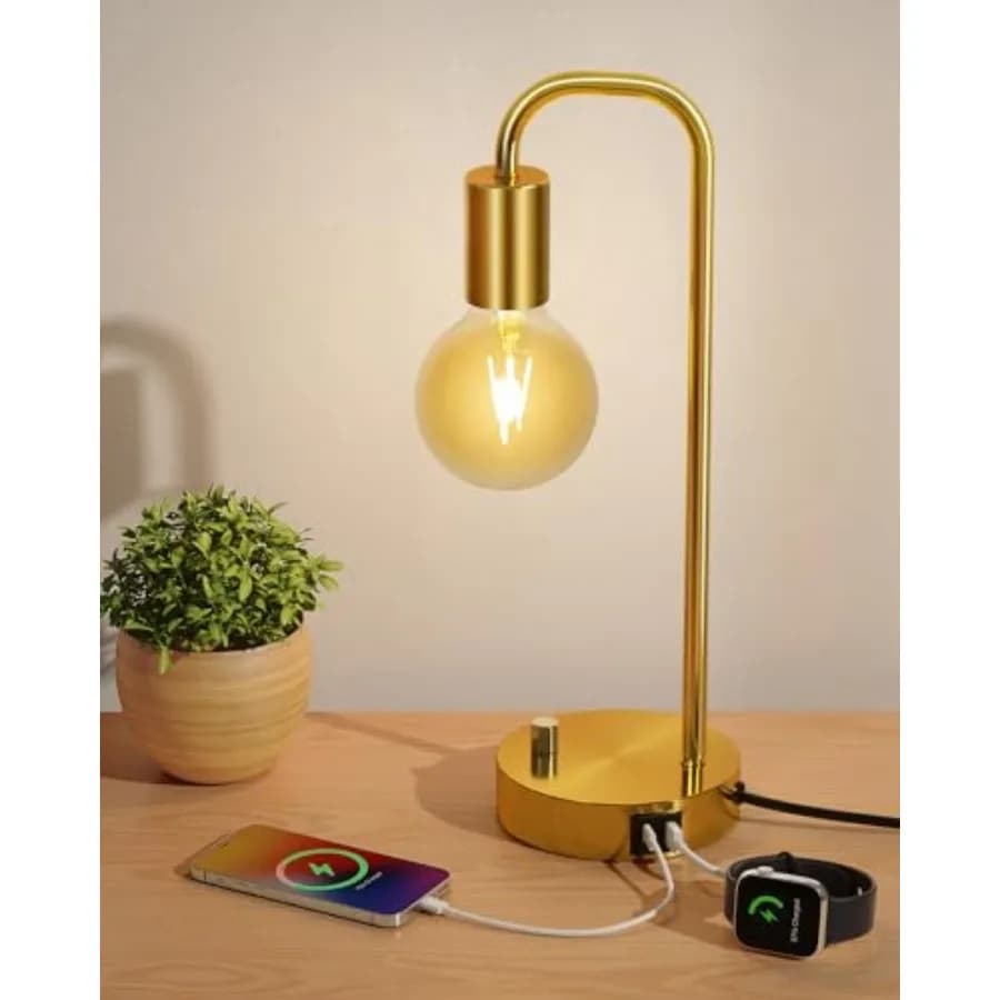 Lampada da Tavolo Industriale con 2 Porte, Lampada da Comodino Dimmerabile a Regolazione Continua per Camera da Letto, Lampada da Scrivania con Gradiente Oro 2700K