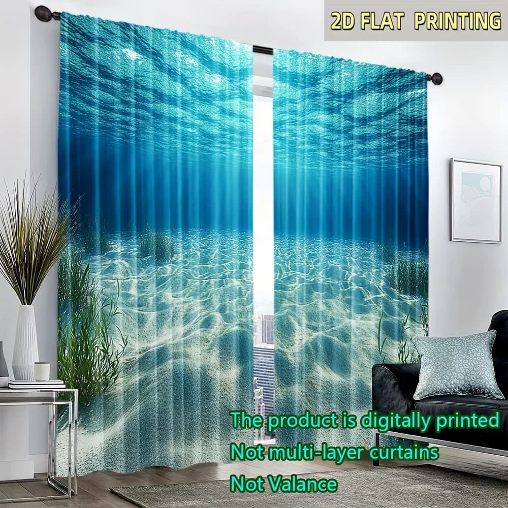 2PCS Digital Printed Curtains, Underwater Sand Ocean Sea Floor, Window Treatments for Living Room Bedroom Kitchen Home Decor