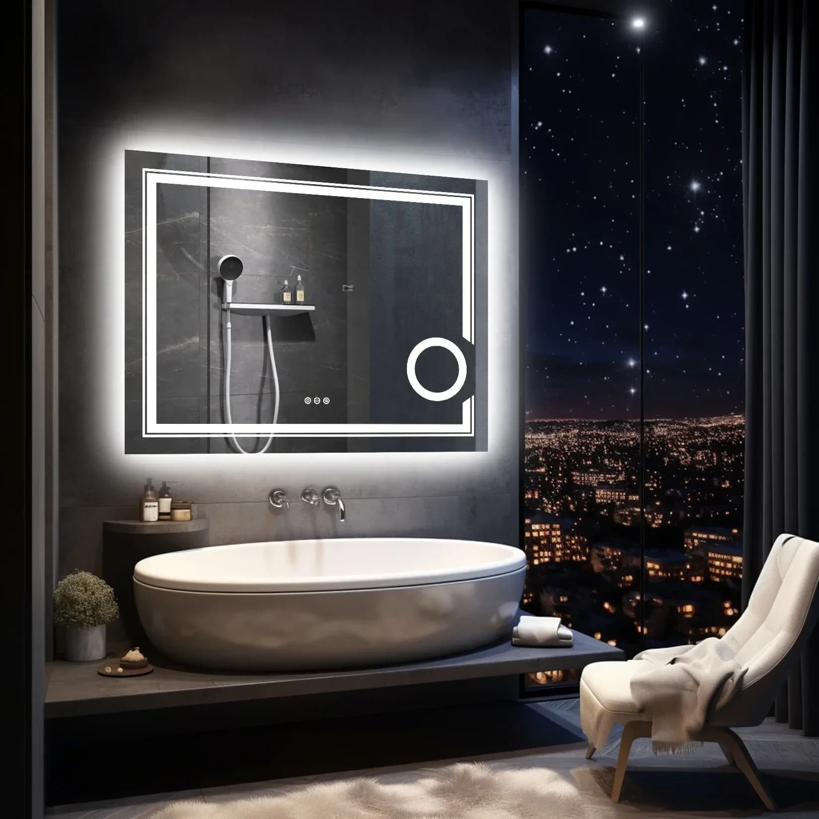 z Specchio da bagno intelligente illuminato a LED Lente d'ingrandimento illuminata 3X Montaggio a parete Luce bianca Retroilluminata frontale Dimmerabile Antiappannamento