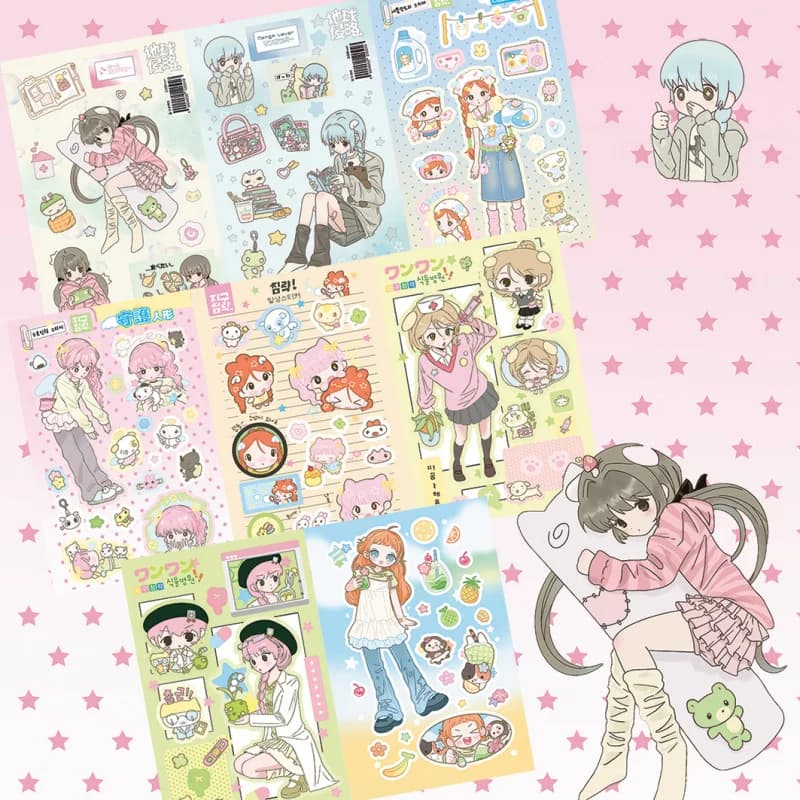 Adesivi Decorativi Fai-da-te con Personaggi Anime Coreani e Ragazze Cartoni Animati per Diari, Custodie per Telefono, Planner e Scrapbook