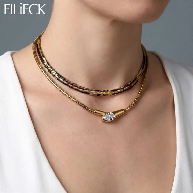 EILIECK 316L Stainless Steel Metal Snake Chain Necklace For Women Trendy Gold Color Collar Waterproof Zircon Neck Chain Jewelry