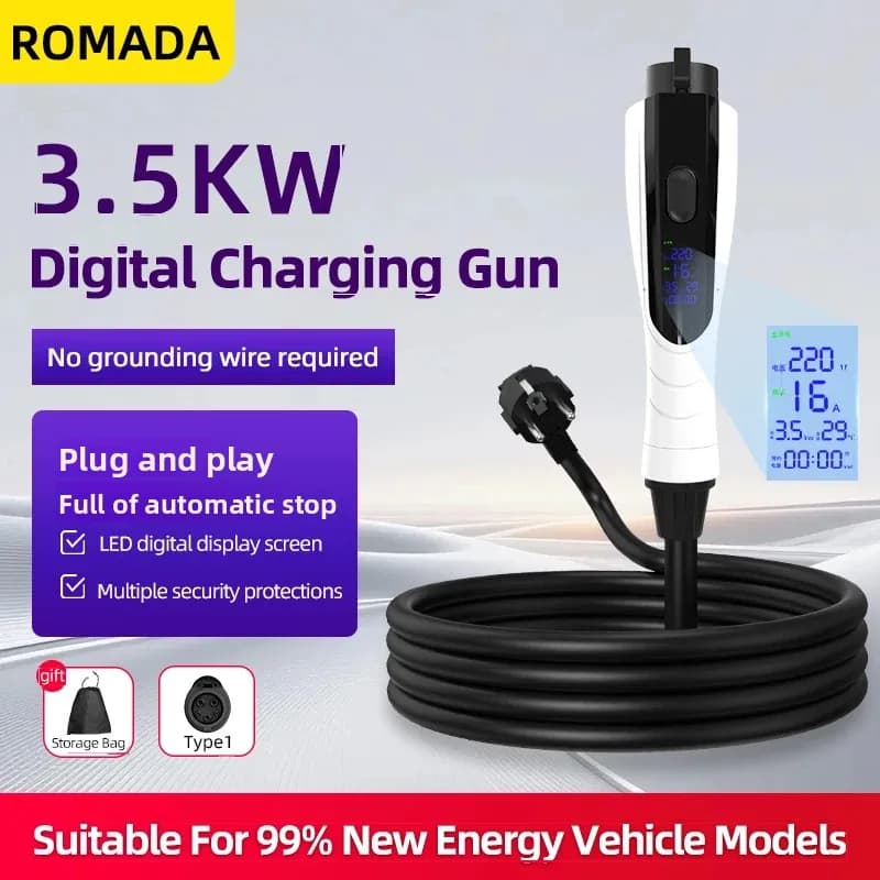 Caricatore portatile EV ROMADA 3.5KW 16A Tipo 1 SAE J1772 con spina EU, cavo da 3M-10M, adattatore Wallbox EVSE con spina EU per veicoli elettrici