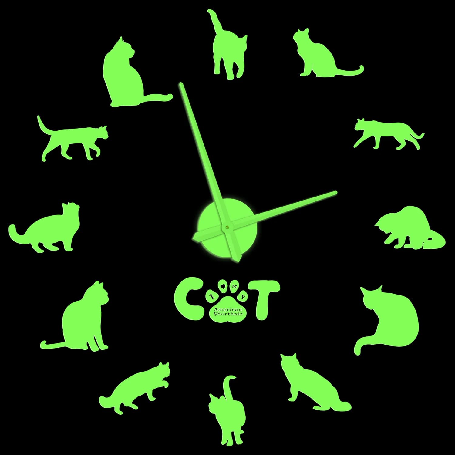 American Shorthair Cat Glow in Dark Wall Clock Pet Kitten Breed Design Modern Bright DIY Wall Clock Big Needle Clock