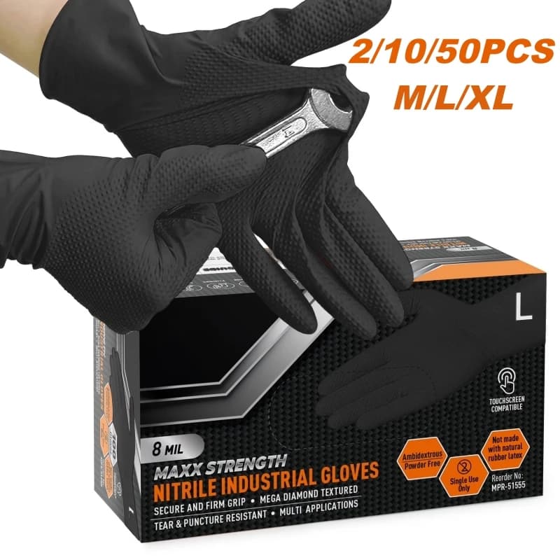 Guanti in Nitrile Nero Resistenti 8 Mil, Guanti Monouso con Presa Testurizzata a Diamante, Guanti di Sicurezza per Meccanici e Industria