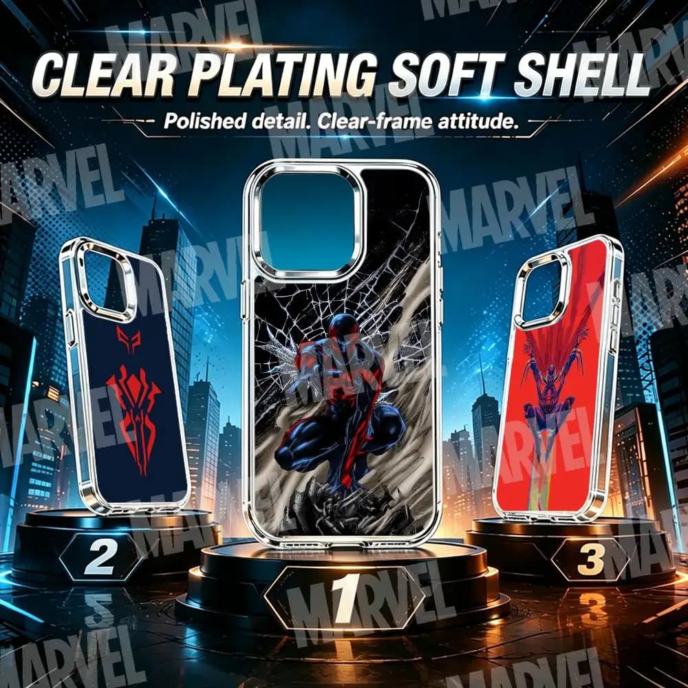 Cover per iPhone Spider-Man 2099 MARVEL con anello per fotocamera e pulsanti cromati trasparente per iPhone 17 Air 16 15 14 13 12 11 Pro Max Plus
