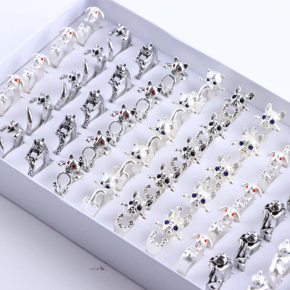 10 pz/lotto vintage simpatico animale gatto apertura anello da donna moda semplice blu strass occhi cane accessori gioielli regolabili