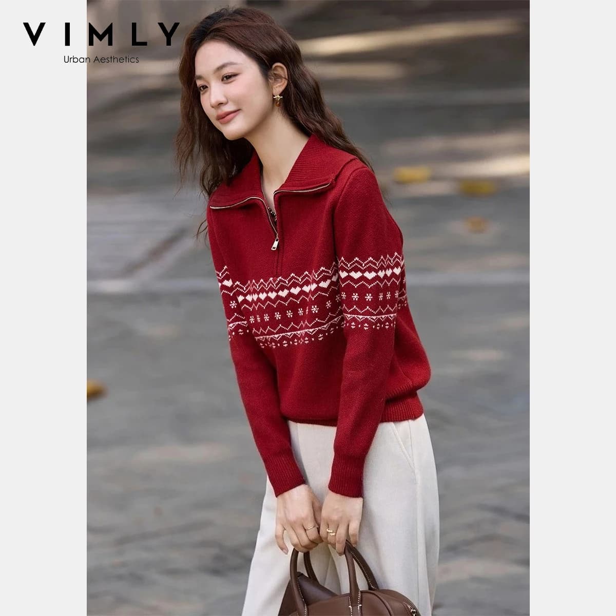 VIMLY Sweater Women's Winter 2026 New Fair Isle Jacquard Lapel Collar Zipper Knitwear Commuting High Elasticity Women Tops 75288