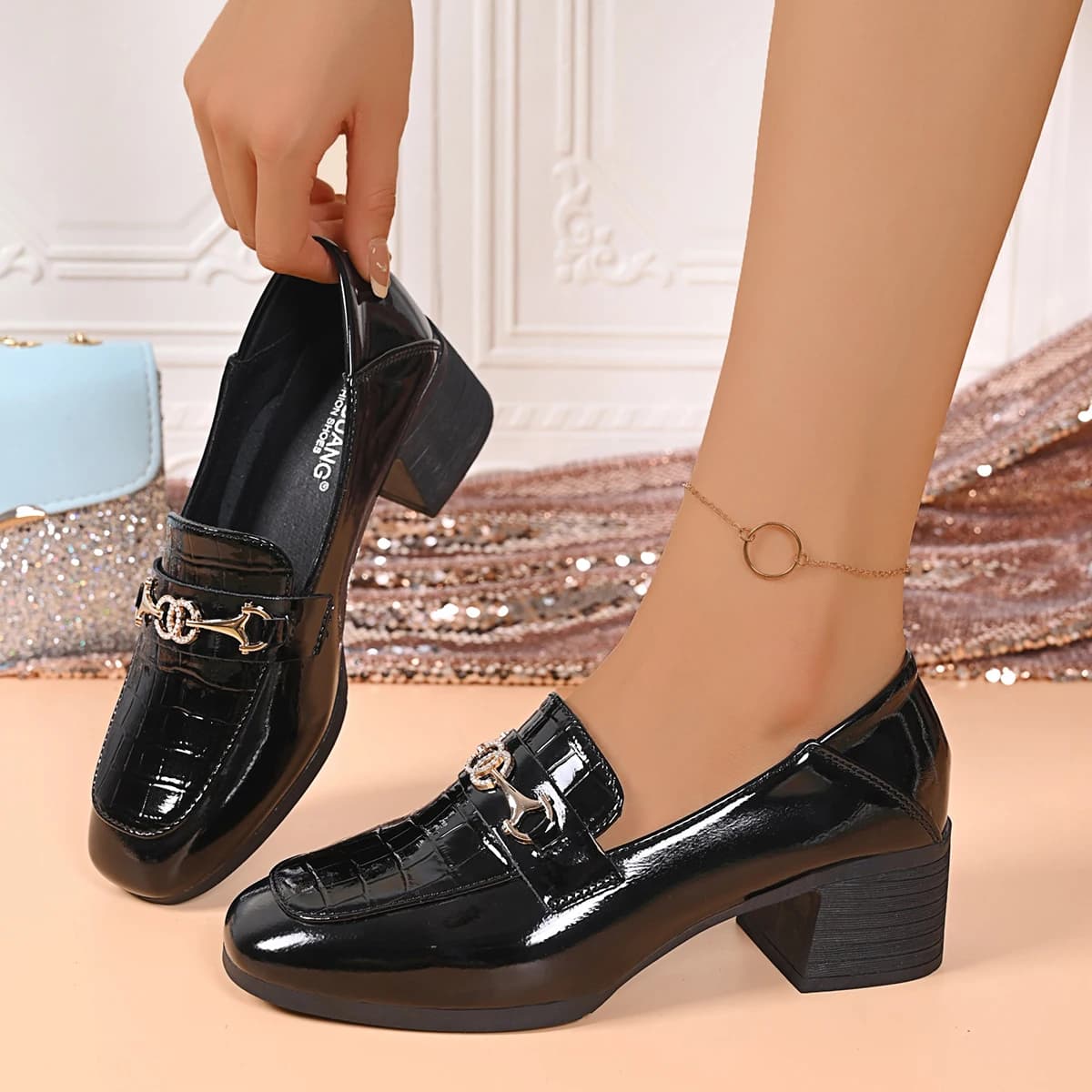 Scarpe da Lavoro Eleganti con Tacco Spesso e Punta Quadrata per Donna, Nuove Mocassini con Tacco Alto Comodi e alla Moda per Banchetti