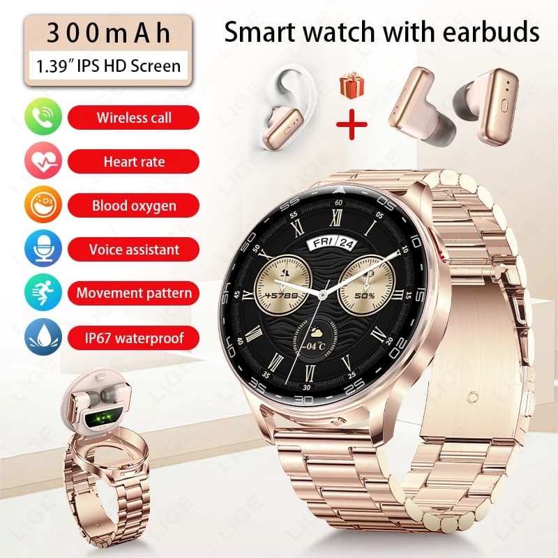 LIGE New TWS Smartwatch Headset 2 in 1 Men's Watches With Earphones Strong Sound Effects Waterproof Women's Smartwatch Music Lover