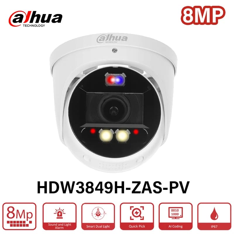 Dahua 4MP 8MP Obiettivo motorizzato Telecamera deterrenti attivi Suono intelligente e allarme luminoso Sicurezza CCTV Conversazione bidirezionale HDW3849H-ZAS-PV S4 S5