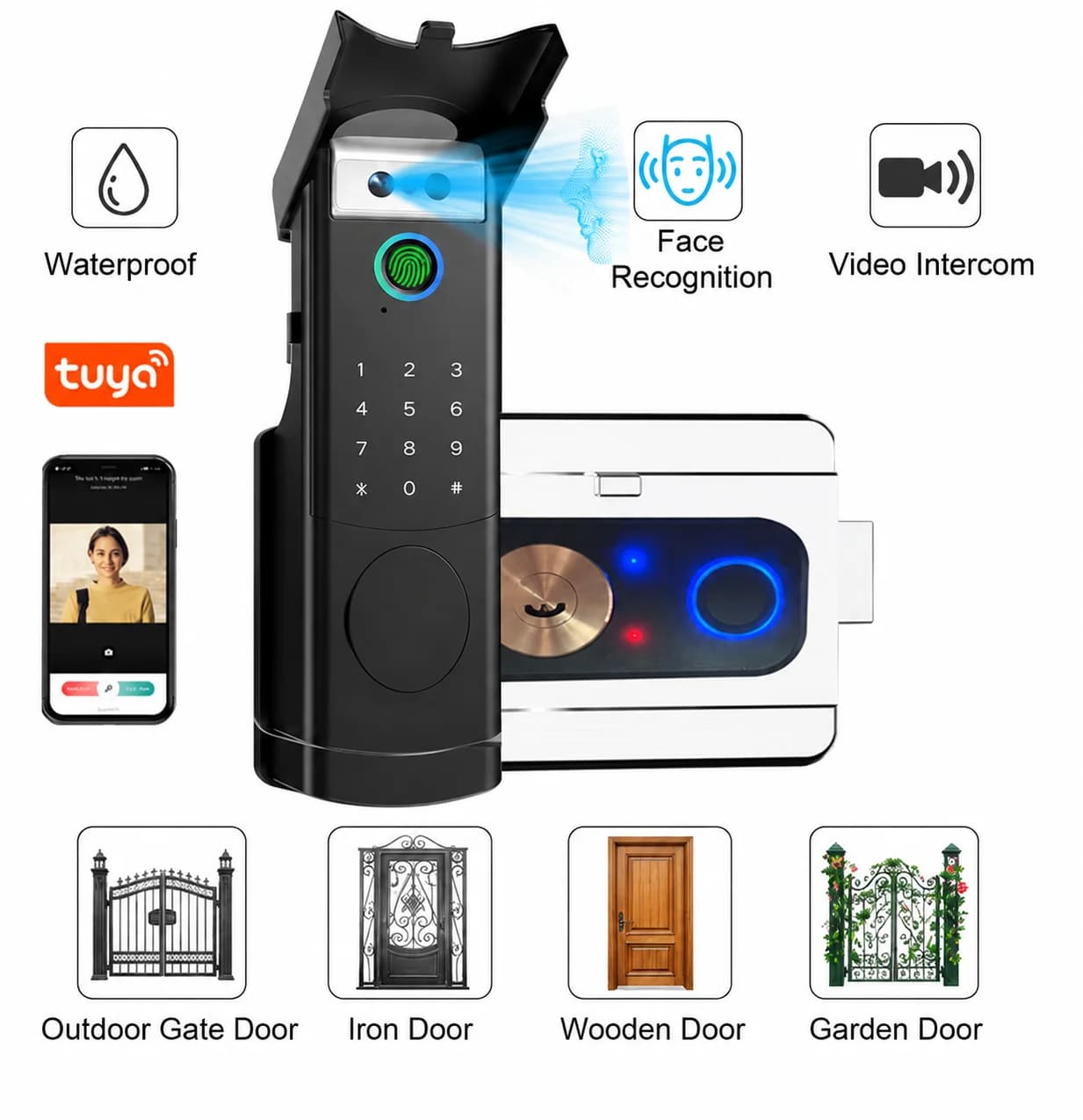 Tuya Wifi Videocitofono Campanello Impermeabile bifacciale Impronta digitale Rim Lock App remota Riconoscimento facciale elettronico Smart Lock