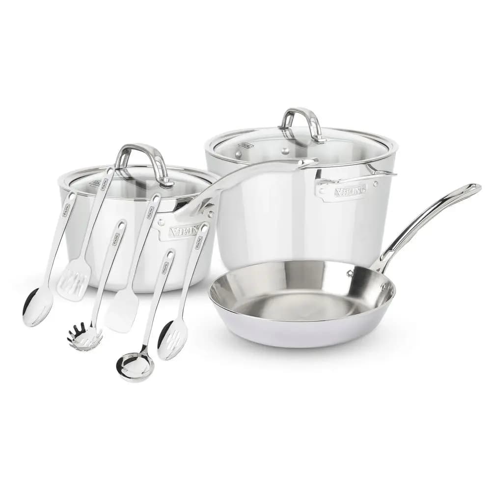 Set di Pentole Premium 4 Pezzi: Padella Antiaderente 10 Pollici, Pentola per Salse 2,4 L con Coperchio, Pentola per Zuppa 8 L, 6 Utensili da Cucina in Acciaio Inox