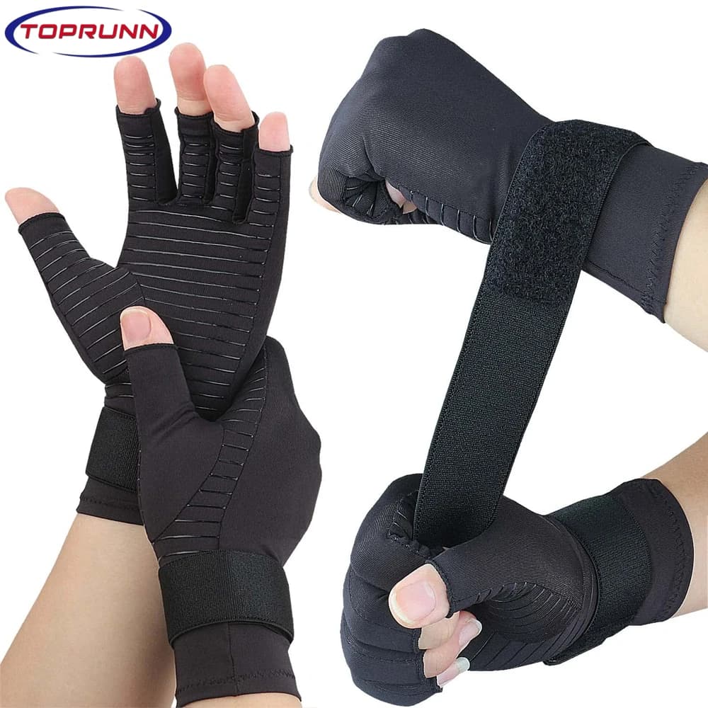 1 paio di guanti per artrite a compressione in rame con cinturino, guanto senza dita supporto per polso a mano per tunnel carpale, artrite, tendinite