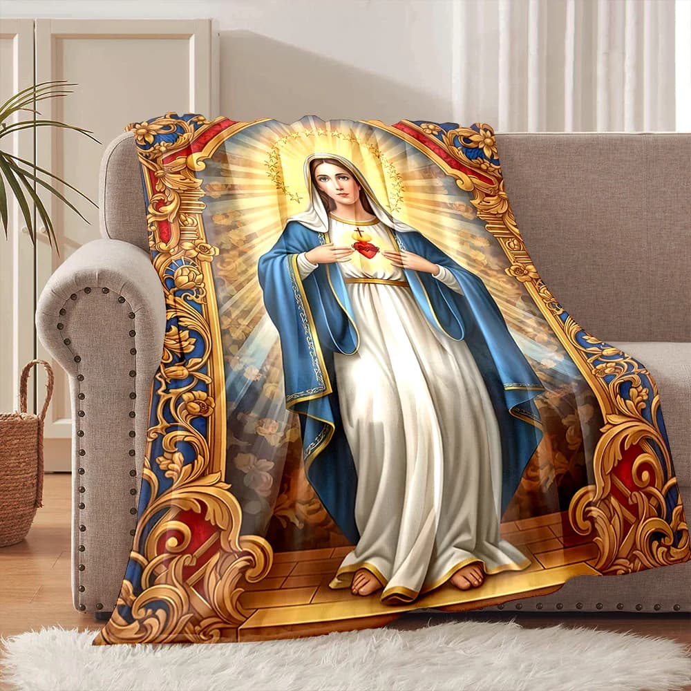Coperta in flanella stampata con immagine della Vergine Maria e del Sacro Cuore, morbida e calda, adatta per casa, viaggi, picnic, campeggio e camper.