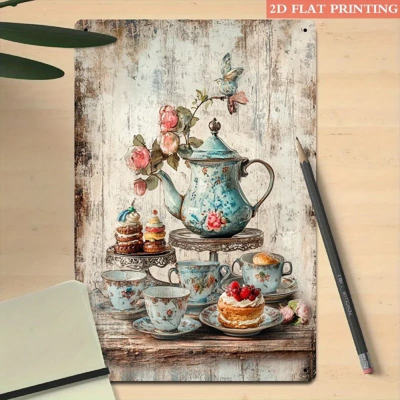 [2D Flat] Targa in metallo 2D per una festa del tè vintage, dimensioni 8x12 pollici, perfetta per l'arredamento rustico in soggiorni e sale da pranzo