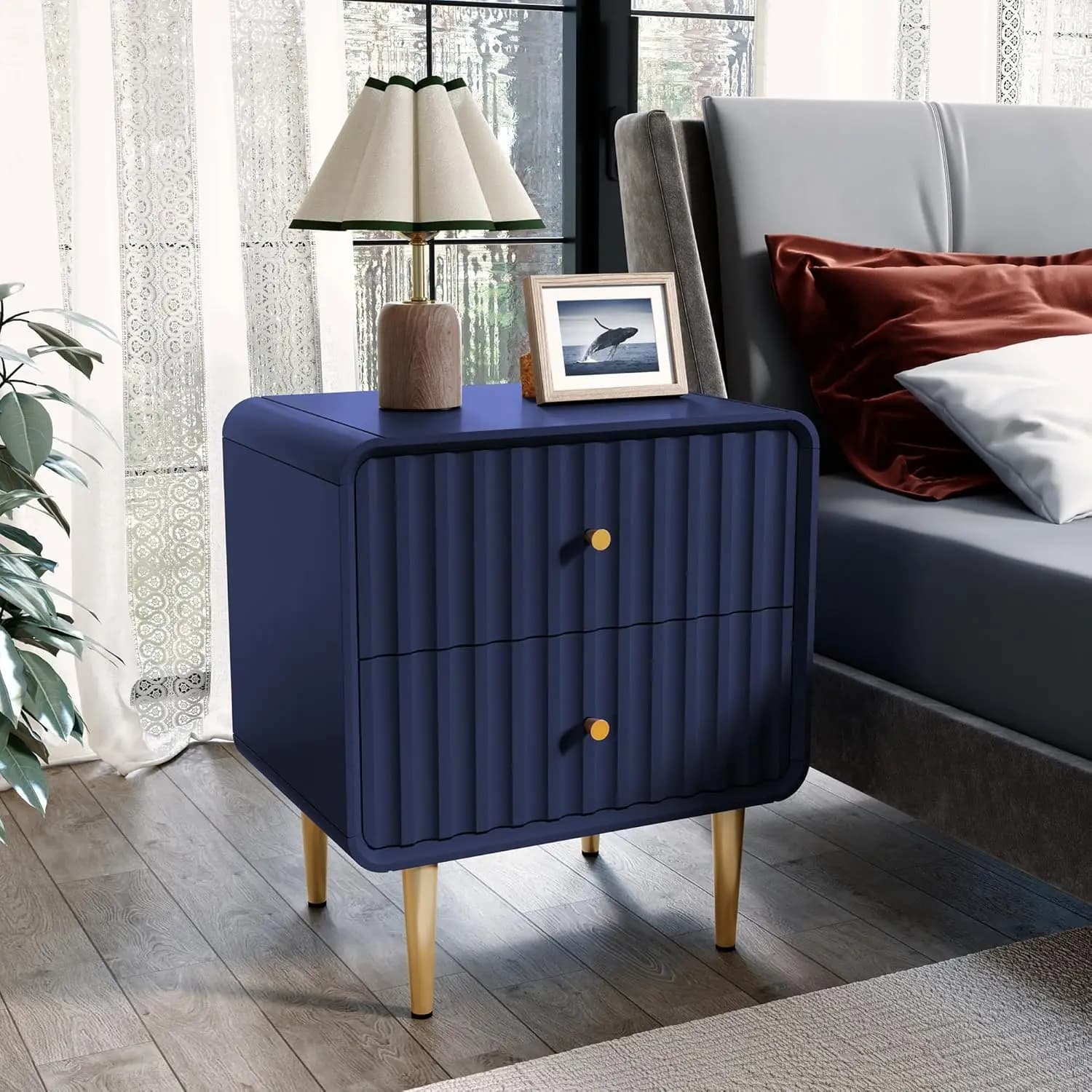 Modern Nightstand, Fluted Bed Side Table with 2 Drawers Storage, Wood End Table with Gold Metal Handle, Blue Night Stands for Be