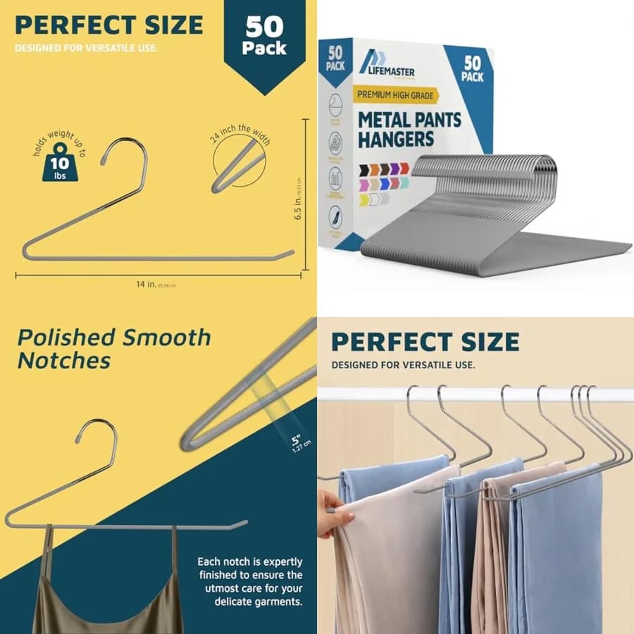 Metal Pants Hanger Set - 50 Pieces Elegant Non-Slip Closet Space Saving Hanger Set for Pants, Trouser, Blankets, and Jeans with