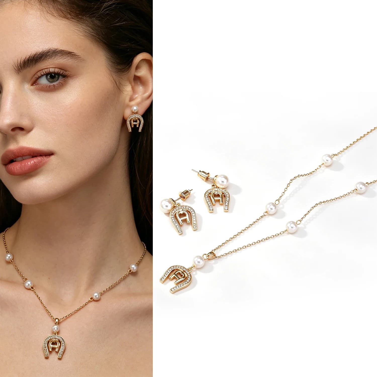 Set di Gioielli di Lusso con Collana e Orecchini a Forma di Lettera A con Perla e Zirconi, Placcato in Oro 18K, per Donne, Regalo per Matrimoni e Feste