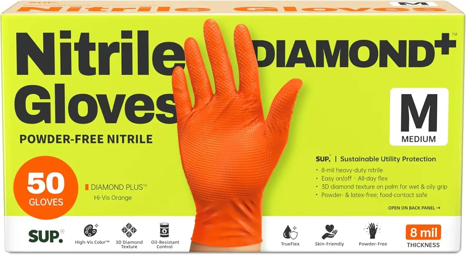 Guanti in Nitrile SUPER+ HEAVY DUTY 8 Mil con Texture a Diamante, Monouso, Resistenti agli Agenti Chimici, Senza Polvere e Lattice, Sicuri per Alimenti, Arancioni, Confezione da 50