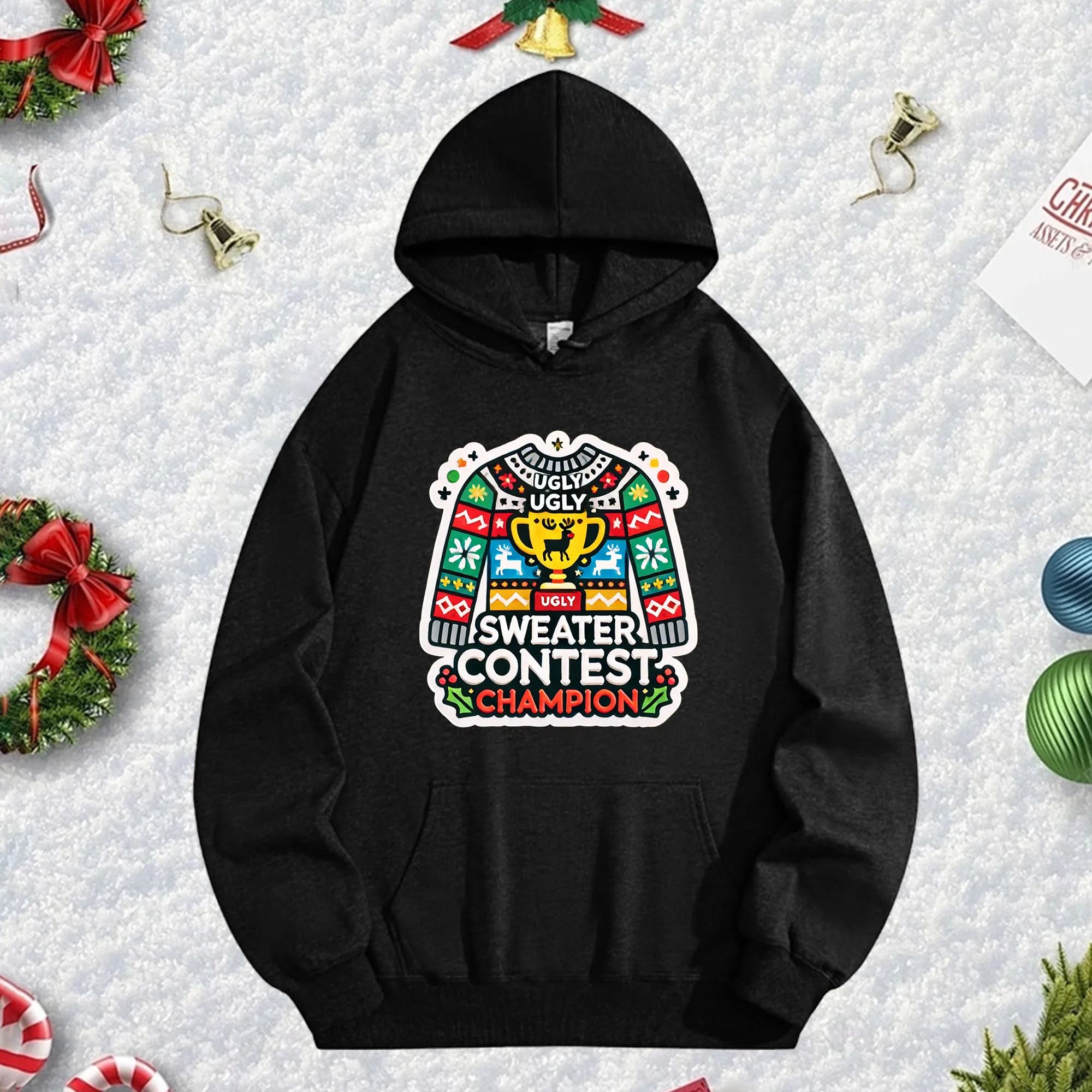 CONTEST 270G black hoodie for men and women, comfortable oversize fleece pullover for Christmas fall/winter New Year