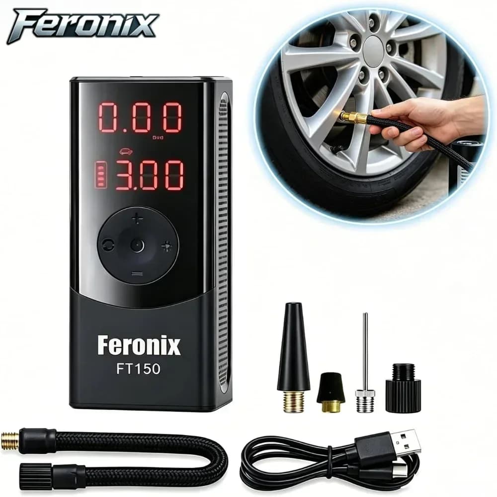 Feronix FT150 Tire Inflator Portable Air Compressor - Rechargeable Air Pump for Car Tires 150 PSI Smart Bike Pump Auto Shut-Off
